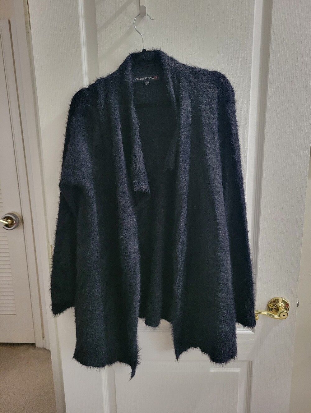 Colleen Lopez Black Fuzzy Soft Eyelash Knit Open Front Cardigan Jacket Large L